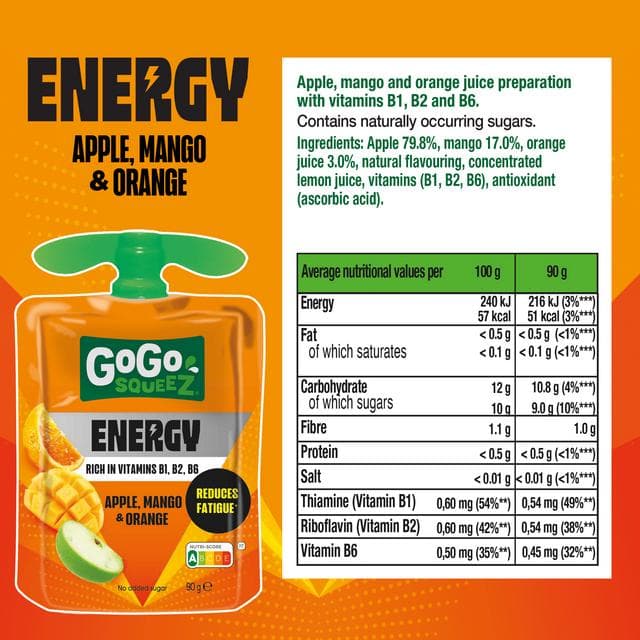 GoGo Squeez 4 x 90g Energy Apple, Mango & Orange Fruit Smoothie Snack Pouch - gallery image 4
