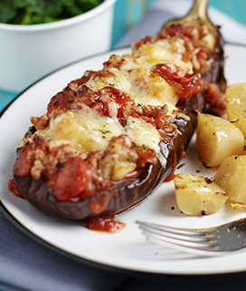 Stuffed aubergines with new potatoes recipe.